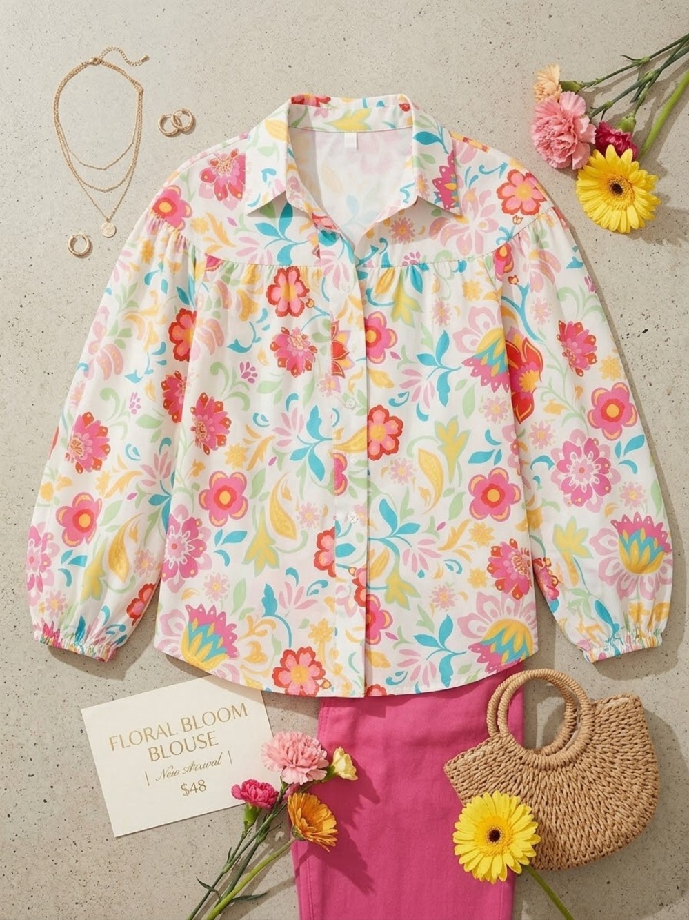 FATE Floral Bloom Button-Up Blouse - Medium
